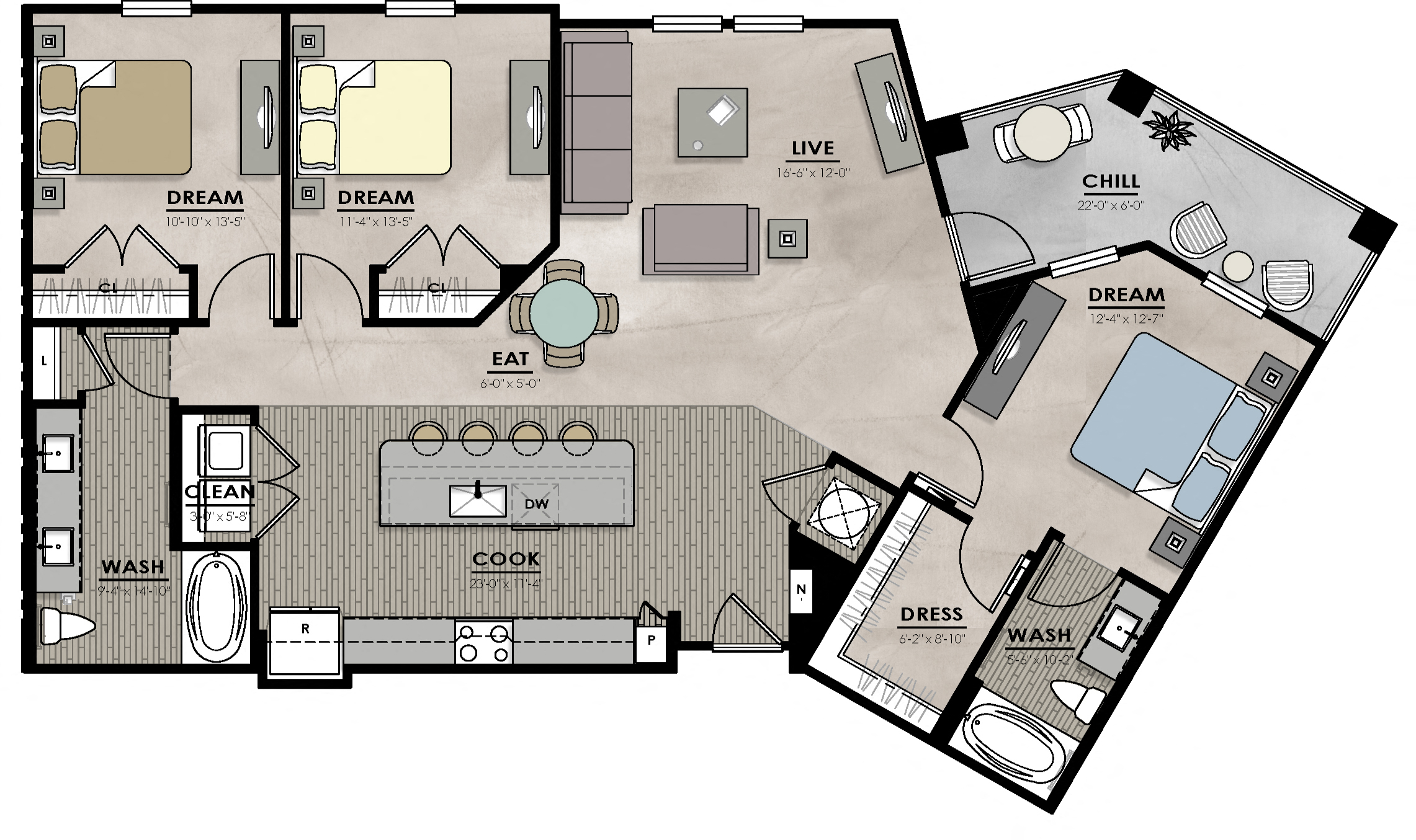 Floor plan for 3 beds, 2 baths, 1420 sqft